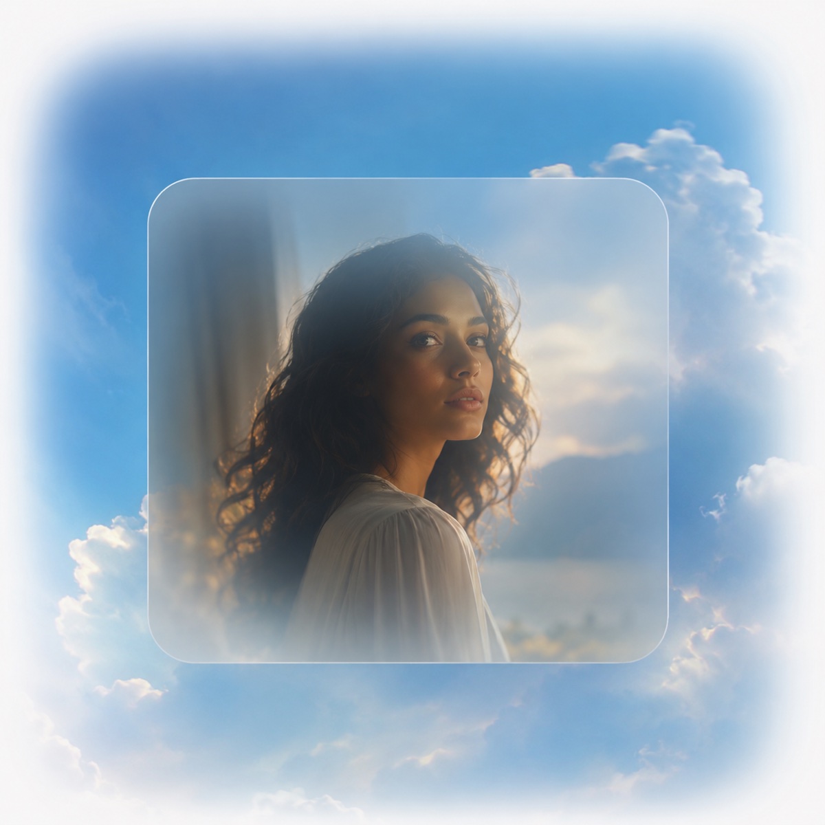 Cinematic AI character study surrounded by clouds